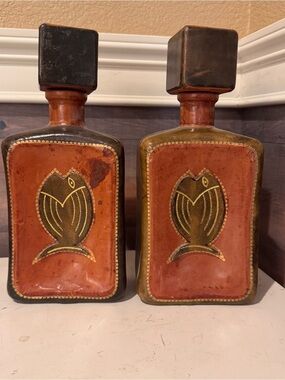 Leather-Accented Decorative Bottles in Brown and Tan - Set of 2